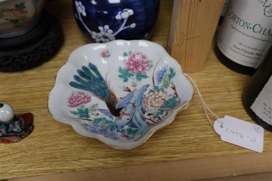 Two Chinese famille rose dishes, a figure of a boy, a porcelain brush pot and a bamboo brush pot tallest 28cm